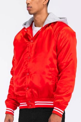 Mens Red and Gray Satin Hooded Varsity Jacket L/Red2