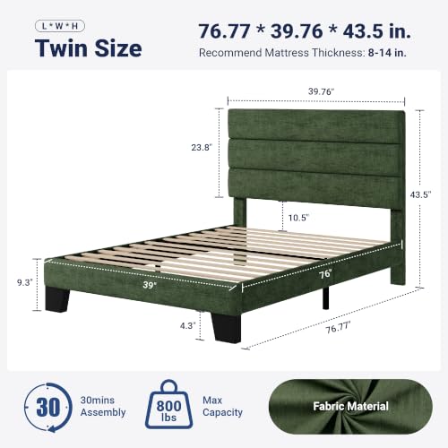 Image of Allewie Twin Size Platform Bed Frame with Fabric Upholstered Headboard and Wooden Slats Support, Fully Upholstered Mattress Foundation /No Box Spring Needed /Easy Assembly, Green