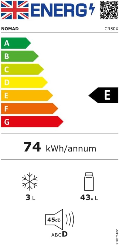 EU Energy Label for Nomad CR50X showing Energy Class E and 74 kWh annual consumption