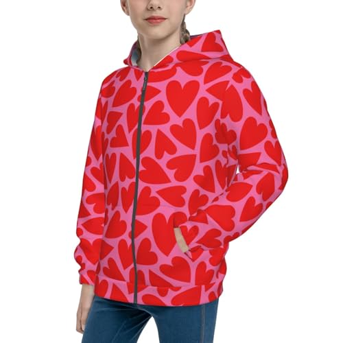 Red Love Heart Kid Hoodies Boys Zip Up Sweatshirts Girls Pullover with Pocket
