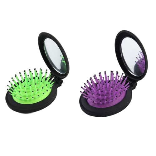 NuAngela Cepillo de viaje con espejo, formato compacto de bolsillo, espejo plegable, mini juego de cepillos emergentes, cepillo de bolsillo, peine para masaje, fácil de guardar (Morado Verde)