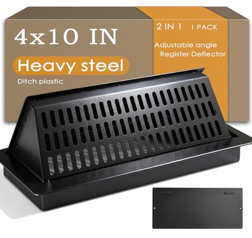 4x10 Floor Register and Vent Deflector Combo, Solid Steel 2-in-1 Vent Cover, Tool-Free Drop-in Fit, Adjustable for Draft-Free Comfort, Matte Black