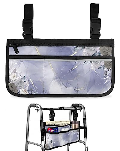 Purple Spring Floral Wheelchair Side Bag Walker Bag, Watercolor Flowers Violet Marble Wheelchair Accessories Armrest Pouch, Organizer Storage Bag for Walkers, Rollators, Scooters, 7.3''x13''