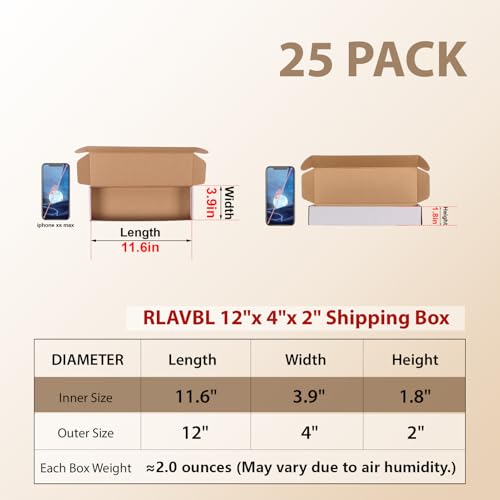 Image of RLAVBL 12x4x2 Small Shipping Boxes Set of 25, White Corrugated Cardboard Box for Packing, Mailing, Business