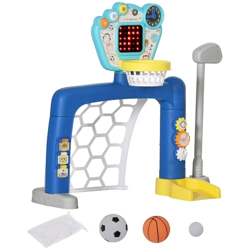 AIYAPLAY Portería de fútbol infantil, centro multiactividades 3 en 1 con canasta de baloncesto ajustable, marcador, juego de golf, efecto de luz y sonido, para 18-48 meses, multicolor