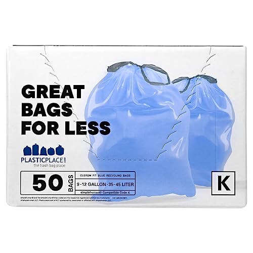 Image of Plasticplace Custom Fit Trash Bags, Compatible with simplehuman Code K (50 Count) Tinted Blue Drawstring Garbage Liners 10 Gallon / 38 Liters, 24 inch x 28 inch