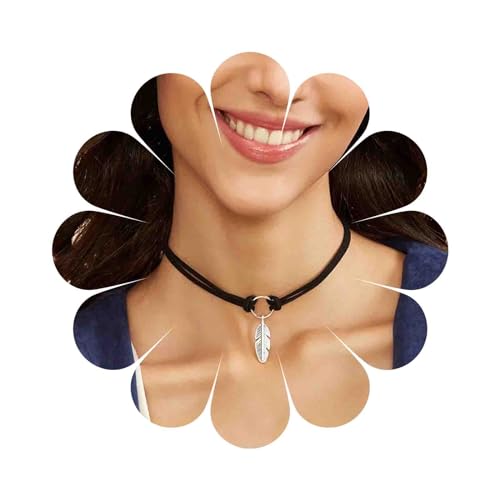 Dervivea Boho Feder Choker Halskette Schwarz Geschichtet Leder Halskette Silber Blatt Anhänger Halskette Choker Retro Kreis Link Halskette Kette Schmuck Für Frauen Und Mädchen