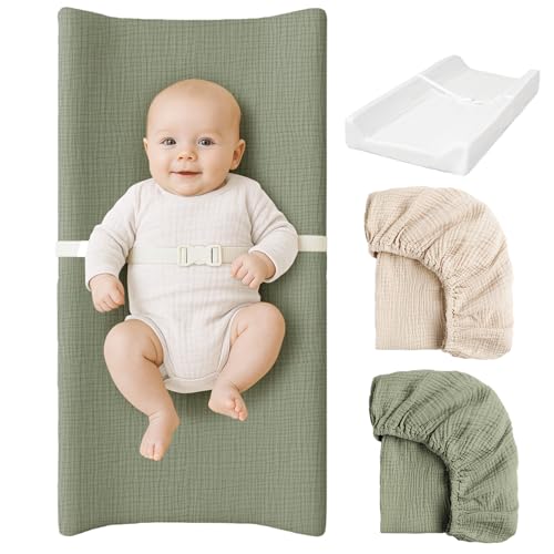 Image of Konssy Muslin Changing Pad with Waterproof Lining Foam, Includes 2 Pack Soft & Cotton Cover, Baby Diaper Changing Pad for Dresser or Table, 32x16 inches (Fog Green,Cream)