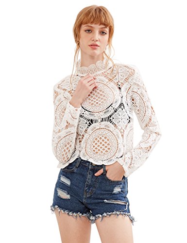 SheIn Women's Mock Neck Long Sleeve Sheer Crochet Plain Lace Top Blouse Large White