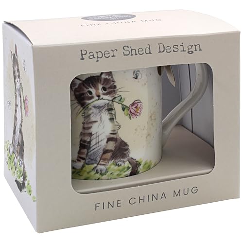 The Leonardo Collection Paper Shed Design Cat with Rose Mug for Home & Kitchen | Stylish Ceramic Mugs for Tea & Coffee | Lovely Cup Set for Mens Gifts & Birthday Gifts for Women