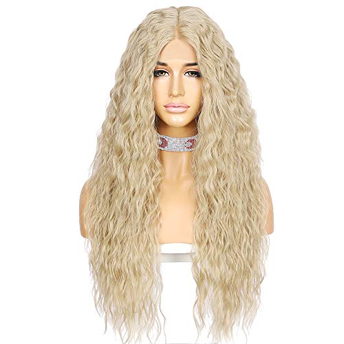 WIGODDESS Beige Color Synthetic Curly Wig, Curly Wig Daily Makeup Party Wig Perruque Heat Resistant Hair 24 inch Synthetic Lace Front T Part Curly Wig Daily Queen Makeup Gift For Women