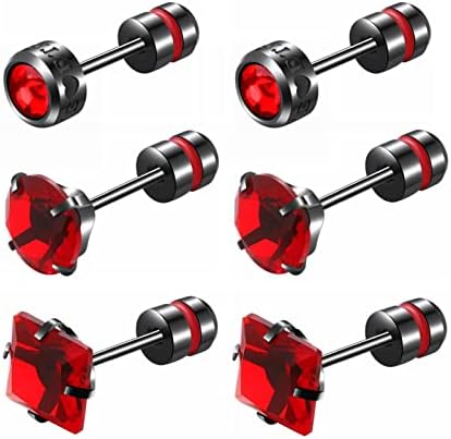 5 Pairs Colorful Screw Back of Earrings CZ Titanium Studs for Women Men,20G 6mm Surgical Steel Hypoallergenic Screw on Double Sided Barbell Stud Earring for Sensitive Ears (Red CZ)