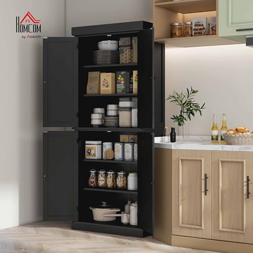 Image of HOMCOM 72.5 inch Tall Kitchen Pantry Cabinet, Freestanding Modern Farmhouse Kitchen Storage Cabinet with 4 Doors and 2 Adjustable Shelves for Dining Room, Black