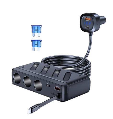 LIHAN Car Cigarette Lighter Splitter,Retractable 45W PD Cord,12V/24V Outlet Expander,3 Sockets and 5 USB Ports(3 Type-C + 2 QC),Fast Charging Adapter with LED Voltage Monitor for Vehicles,Truck,SUV