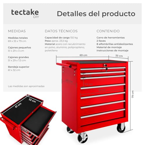 Miniatura 2 de Tectake 800560 Carro De Herramientas Con Ruedas, Organizadores, 7 Cajones Con Cerradura, Mueble De Taller Bricolaje, Móvil, Nuevo Rojo