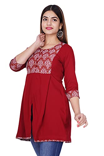 Image of Rayon Shiva Fab Women'S Casual 3 /4 Sleeve Printed Women Top, Casual Tunic Tops Tees For Girls For Office Wear, Casual Wear (Medium, Red Silver)