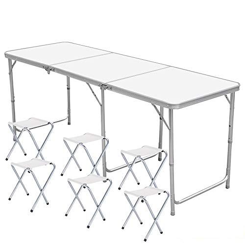 Nestling® 180 x 60cm 6FT Aluminium Portable Trestle Camping Picnic Dining Folding Table Outdoor (1.8M Table + 6Chairs)