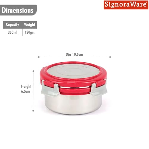 Image of Signoraware Lock N Store Stainless Steel Round Container With Steel Lid | Airtight & Leakproof | Compact & Durable | Ideal for Snacks, Office, School & Travel Use (350ml | Red)