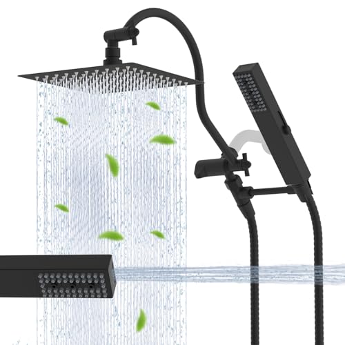 Hibbent All Metal cUPC Certified Shower Head, 8'' High Pressure Rainfall Showerhead Combo, Handheld Shower Wand, 12'' Adjustable Extension Arm, 4-Spray, 71'' Hose, Brass Shower Holder, Matte Black - image 1