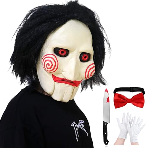 Claofoc 4PCS Saw Maske Horror Killer Jigsaw Maske Halloween Gruselige Vollkopf Billy Clown Masken Mit Haaren Karneval Latex Cosplay Saw Kostüm