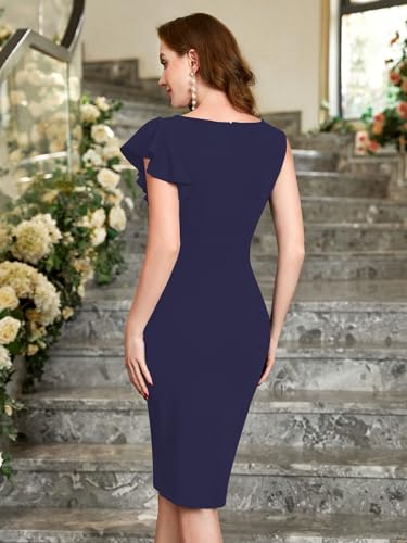 Image of Shasmi Girl's & Women's Asymmetrical Sleeve Ruffle Trim Cocktail Party Fitted One Piece Knee Length Midi Dress for Women Stylish Dresses (Midi 169)