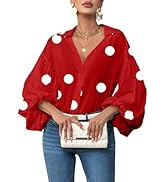 jinghuiyue Women's V Neck Loose Blouse Stylish Long Puff Sleeve Shirt Summer Polka Dots Print Tops