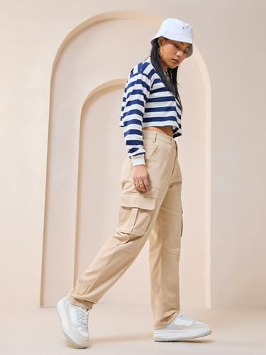 Image of Bewakoof Women's Cotton Solid Regular Fit Casual Pant | Cargo pants for woman | Lower for women | Cargo pants for women | Cotton pants for woman | Utility Cargo Pants | Lightweight & Flexible | Cargo Trouser Track Pants | Multi-Pocket | Cargo Trousers | Utility Streetwear