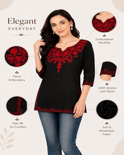 Image of Women's Gulnar Pure Cotton Kashmiri Embroidered A-line 3 /4 Cuff Sleeves Kurti | Short Kurta