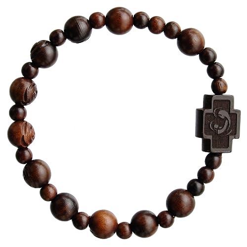 Sine Cera Rose Cut Jujube Wood 1 Decade Catholic Rosary Bracelet, Durable Stretch Design, Double-Sided Laser Engraved Centerpiece, Smooth 8mm Beads2