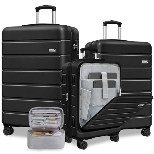 Image of KEYTANG SmileLine 3-Piece Luggage Set Lightweight Hardside Suitcase TSA Lock Spinner Wheels, 20 inch Expandable Carry-On Luggage with Quick Access Front Open Pocket, Bonus Makeup Bag,Black