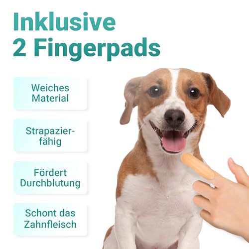 emmi-pet Zahnpflegeset für Hunde - 1x3köpfige Hundezahnbürste mit 1x Hundezahnpasta und 2x Fingerzahnbürste (Blau, Welpe - Junghund)