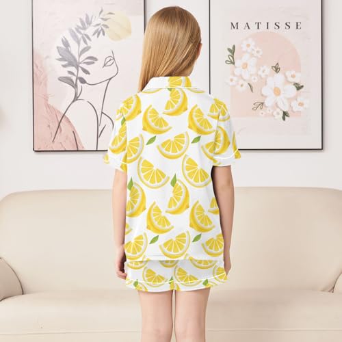 Yellow Summer Lemon Summer Satin Pajama Set, Cute Button-Down Sleepwear Pj Set for Sleep Wears4