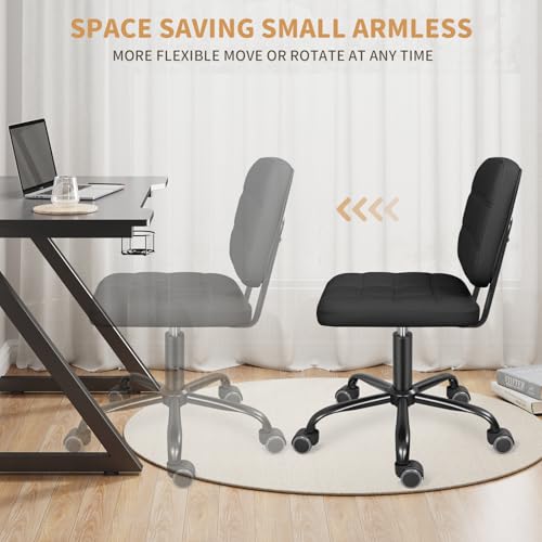 Image of Armless Office Chair with Wheels, Small Desk Chair for Apartment - Black | Adjustable Height, 250lb Weight Capacity, PU Leather, Fits Under Desk
