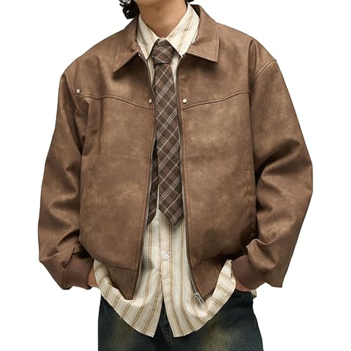 Mens Loose Bomber Leather Jacket Vintage Zipper Motorcycle Leathers Coat Winter Lapel Trucker PU Jackets