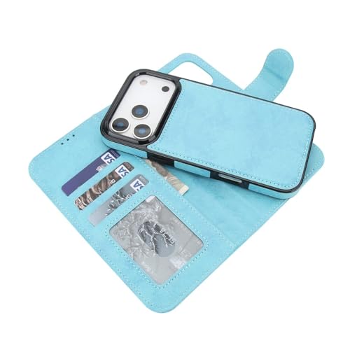 Étui iPhone 17 Pro bleu clair en cuir avec portefeuille amovible