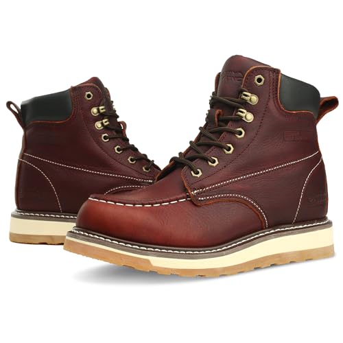 Moc Toe Work Boots for Men Waterproof Soft/Steel Toe Comfortable Full Grain Leather Non Slip Wedge Outsole Construction 6" Workboots4