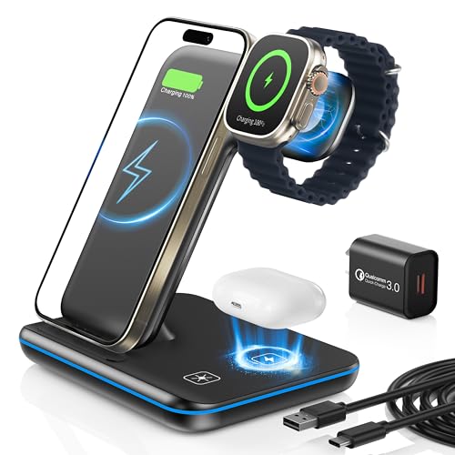 Image of HEYMIX 3 in 1 Wireless Charger - 15W Fast Wireless Charging Station (Gold)