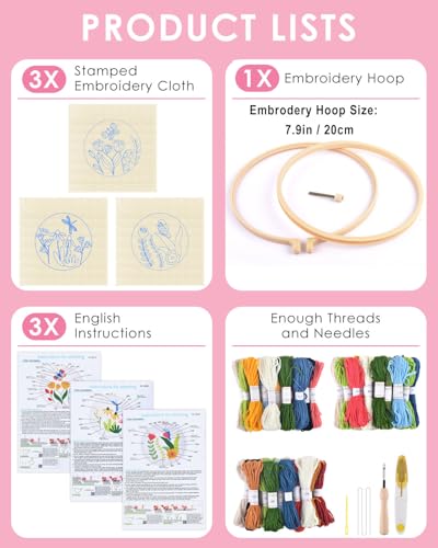 Image of TINDTOP Punch Needle Kits, Flowers Punch Embroidery Kits for Adults | 3 Sets , Tool with Punch Needle Fabric, Hoops, Yarns and Sewing Needles