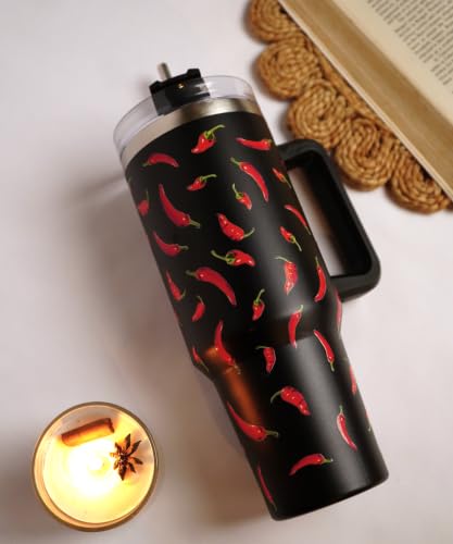 Image of 1200ML Stainless Steel Tumbler Hot and Cold with Handle and Lid and 2 Straws, Double Insulated Cup Leak Proof Mug Cupholder for Gym, Travelling (Red Chillis)