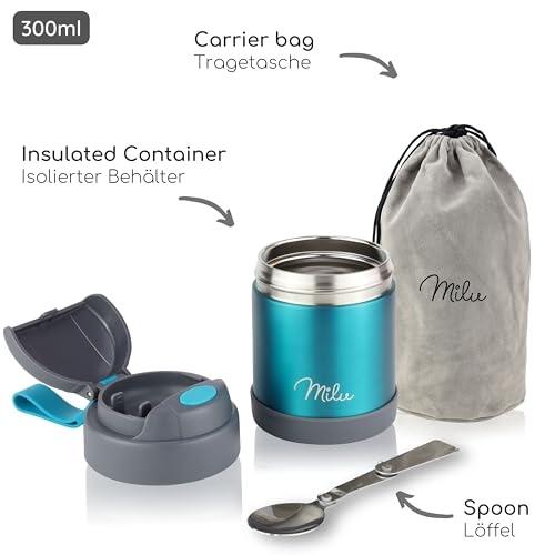 Image of Milu Food Flask for Hot Food - 300ml Leakproof Insulated Stainless Steel Thermal Lunch Box, Soup Container with Spoon, BPA-Free, To go Meal Prep, Porridge (Green, 300ml)