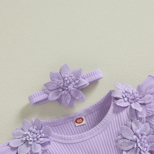 ZZLBUF Newborn Infant Baby Girl Clothes Set Flower Lace Ruffle Long Sleeve Tutu Romper Dress Headband 2Pcs Outfits (Purple, 6-9 Months)