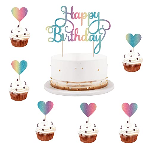 Lveud Set Of 7 Pieces Color Flash Happy Birthday Cake Toppe ，Happy Birthday Cake Topper And Love Heart Cake Topper-Birthday Cake Decorations #TOP1
