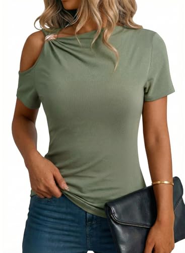 Dokotoo Women's Clothing Spring Summer 2026 Short Sleeve Shirts Cold Shoulder Metal Decorated Fashion T-Shirts Ribbed Knit Slim Fit Ladies Tops and Blouses Going Out Date Night Outfit Green Large