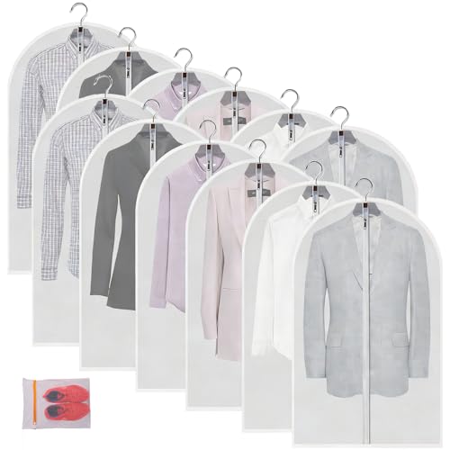MsKitchen 12 Pack Garment Bags for Hanging Clothes (24x40') - Dustproof Suit Bags for Closet Storage - Durable PEVA Covers with Sturdy Zipper for Coats, Jackets & Dresses (Translucent)