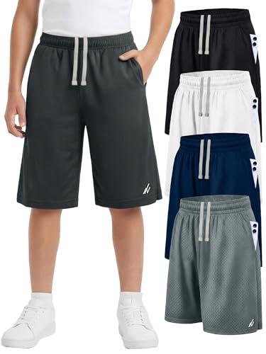 NY Threads 5 Pack Boys Athletic Shorts Quick Dry Lightweight Basketball Shorts for Kids Youth with Pockets and Drawstring, X-Large, Black/White/Dark Grey/Medium Grey/Navy