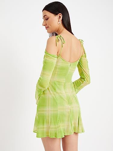 Image of DRAPE AND DAZZLE Printed Mesh Trumpet Sleeve Mini Dress with Tie Detailing for Women
