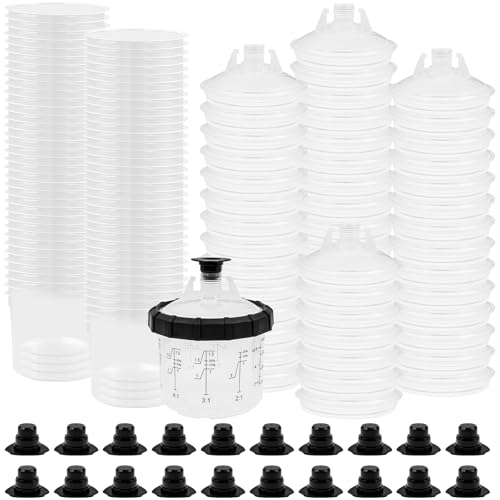 50 Stück 200 ml Einweg Farbmischbecher Set für HVLP & LVLP Lackierpistole, Mini Einweg-Farbspritzpistolenbecher Kit mit 50 Einsatzbechern, 50 Deckeln, 20 Verschlussstopfen & 1 Hartbecher mit Haltering
