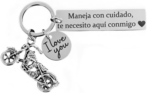 Motorcycle Keychain for Men, Stainless Steel, Spanish Engraved Drive Safe Tag with I Love You Charm