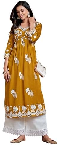 EthnicJunction Women's Silk Blend Regular Fit Chikankari Embroidered Naira Cut Kurta