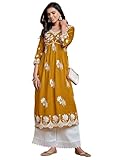 EthnicJunction Silk Blend Women's Chikankari Embroidered Naira Cut Regular Fit Kurta Gold,2Xl